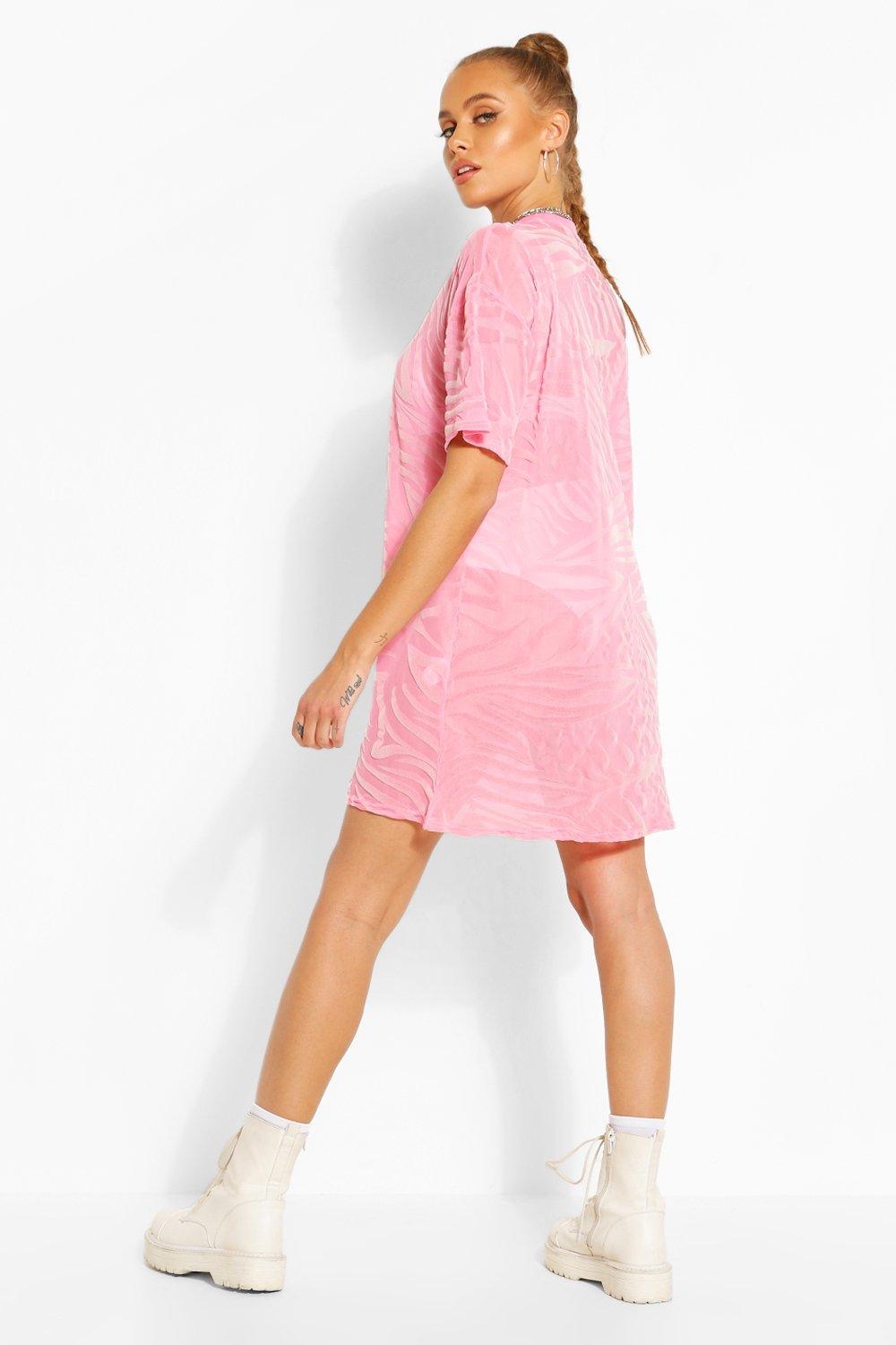 Pink Mesh T Shirt Dress With Tonal Flock